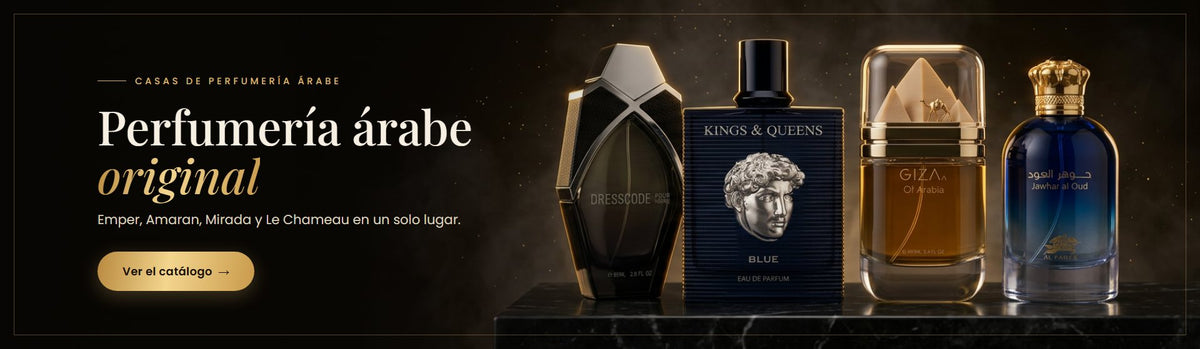 Perfumería árabe original en Colombia: perfumes Mirada Dresscode, Amaran Kings & Queens Blue, Le Chameau Giza of Arabia y Emper Jawhar Al Oud
