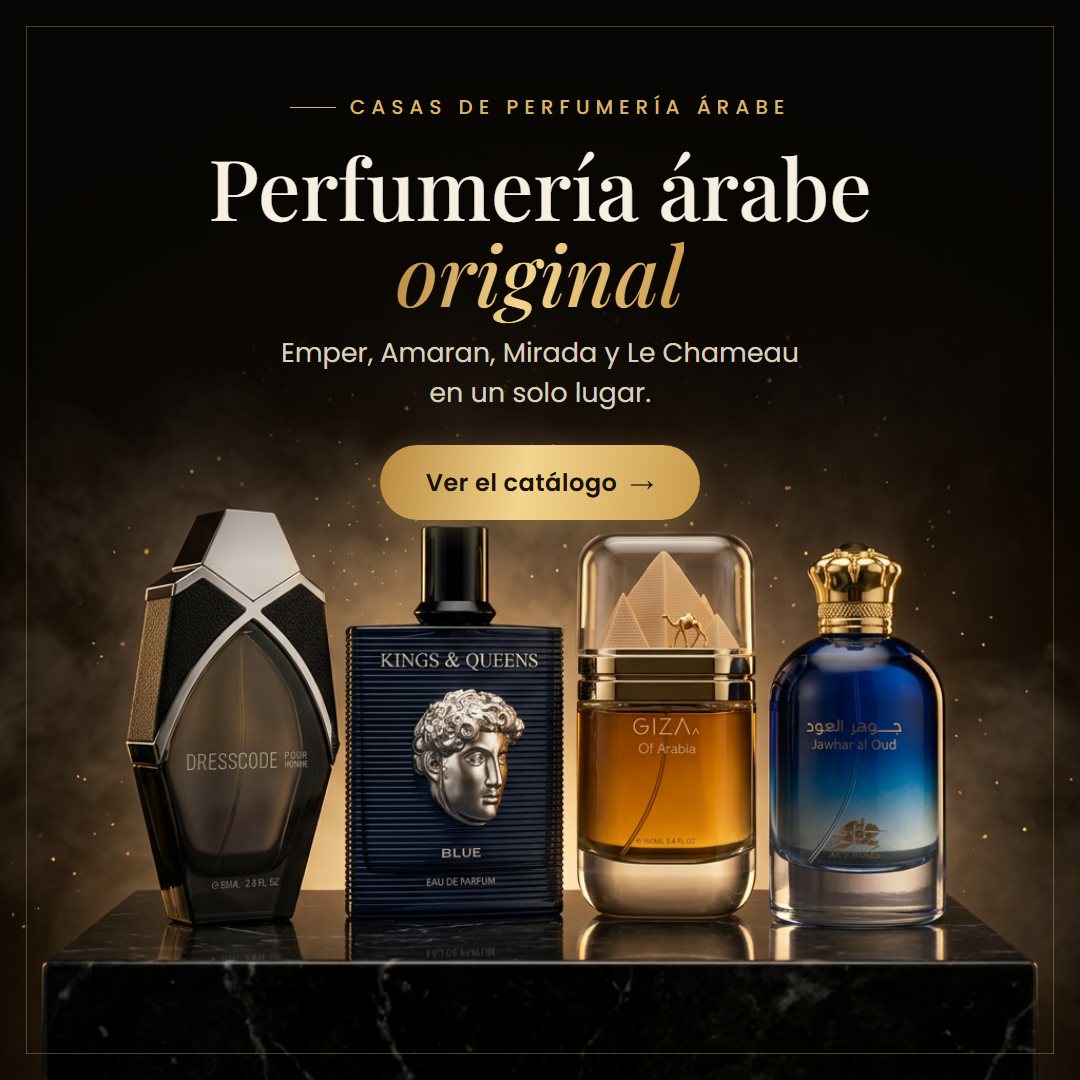 Perfumería árabe original en Colombia: perfumes Mirada Dresscode, Amaran Kings & Queens Blue, Le Chameau Giza of Arabia y Emper Jawhar Al Oud