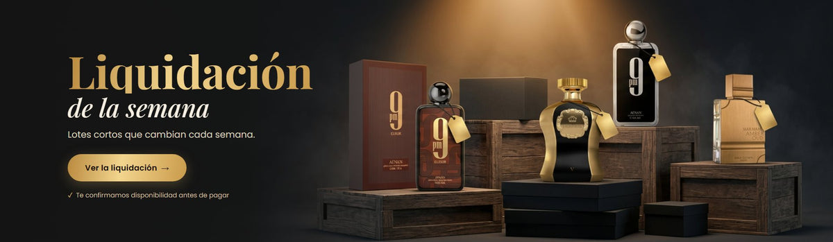 Liquidación de perfumes árabes originales en lotes cortos: Afnan 9PM, Afnan 9PM Elixir, Afnan Highness V y Al Haramain Amber Oud Gold Edition