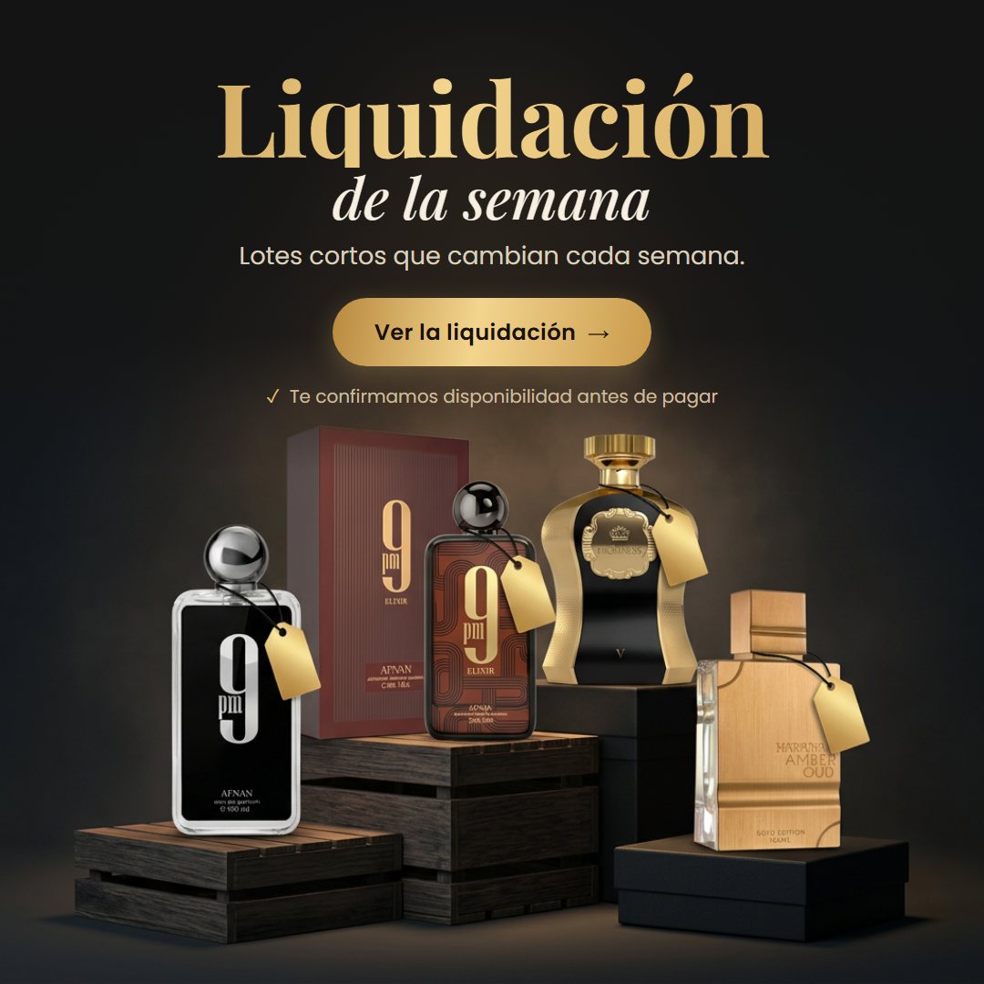 Liquidación de perfumes árabes originales en lotes cortos: Afnan 9PM, Afnan 9PM Elixir, Afnan Highness V y Al Haramain Amber Oud Gold Edition