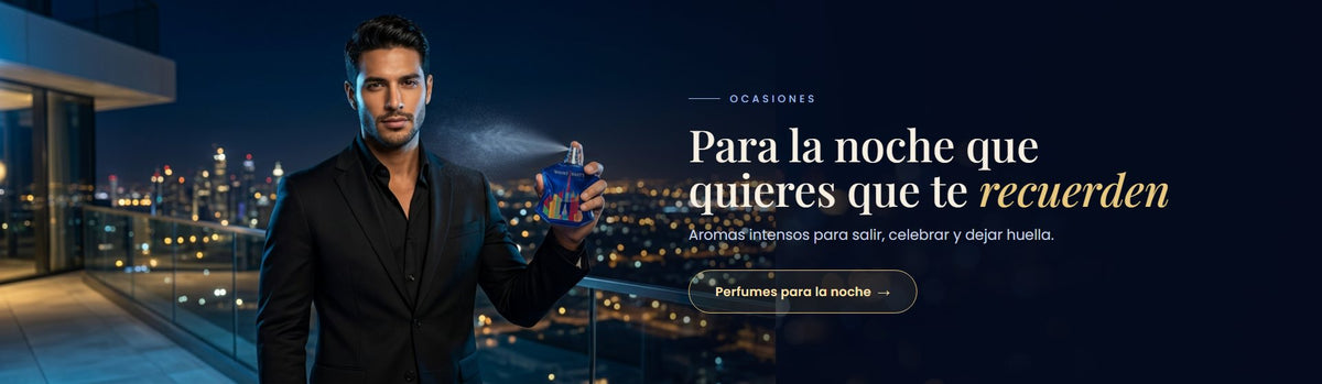 Perfumes árabes para la noche: hombre de traje aplicándose el perfume Night Party en una terraza con la ciudad iluminada de fondo