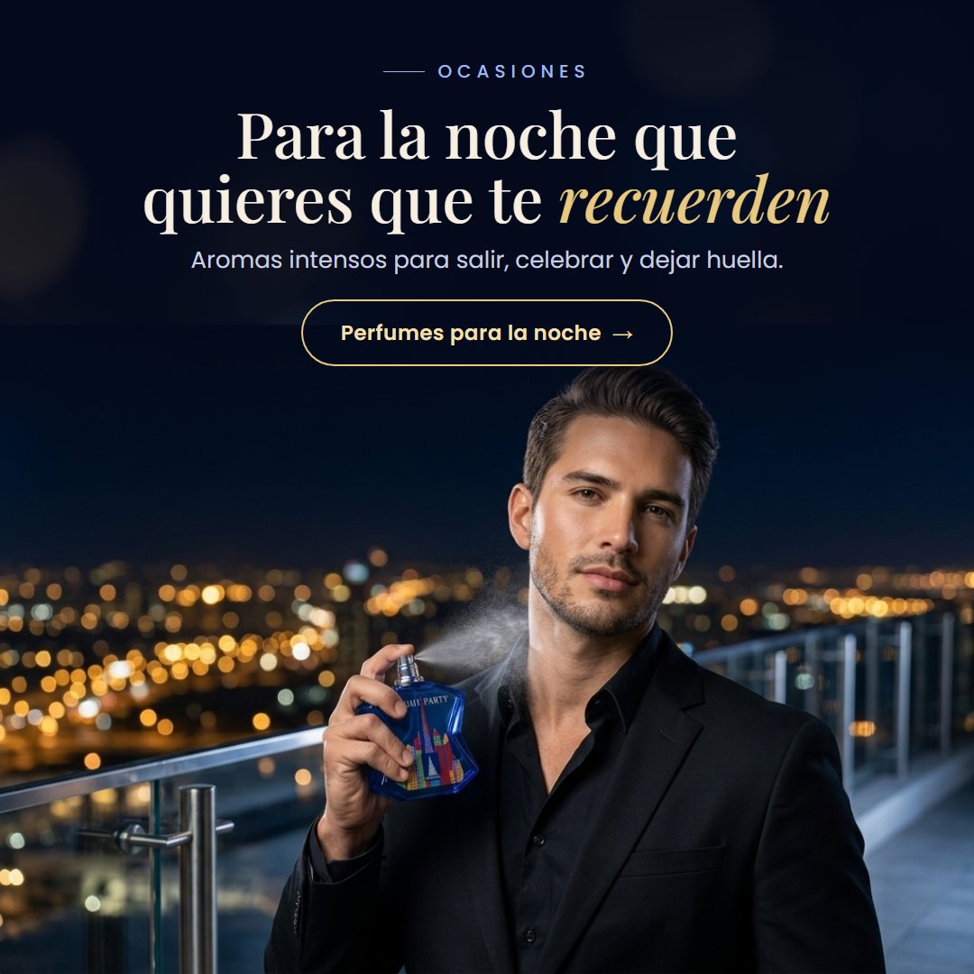 Perfumes árabes para la noche: hombre de traje aplicándose el perfume Night Party en una terraza con la ciudad iluminada de fondo