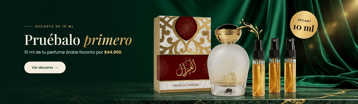 Decants de 10 ml de perfume árabe original por $44.900: Musk Al Ghazal junto a tres frascos decant de 10 ml