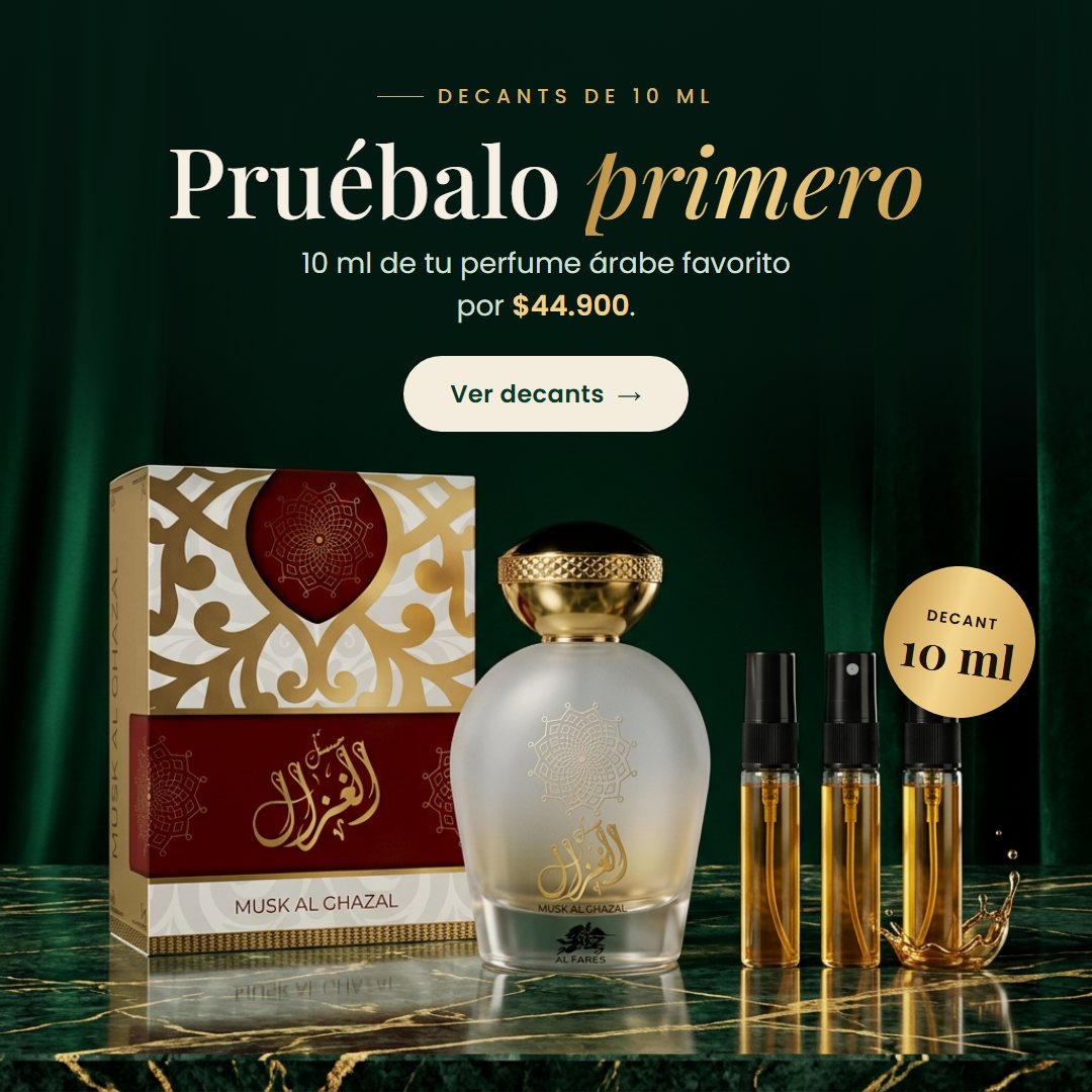 Decants de 10 ml de perfume árabe original por $44.900: Musk Al Ghazal junto a tres frascos decant de 10 ml